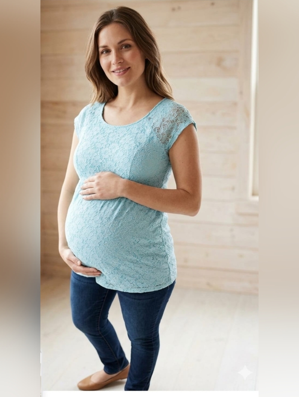 Motherhood Light Blue Lace Cap Sleeve Maternity Top